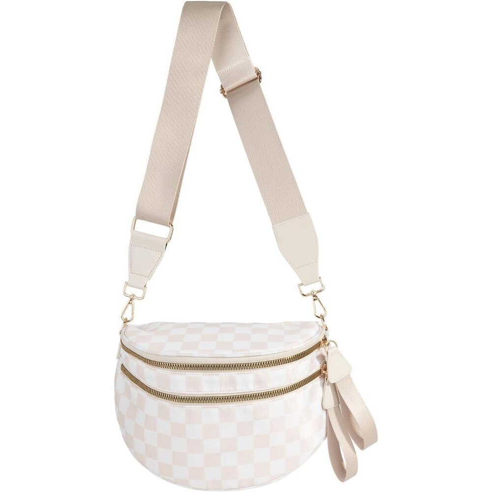 Women Beige Imported Polyester Checkered Crossbody Fanny Packs Belt Bum Bag - Picture 1 of 6